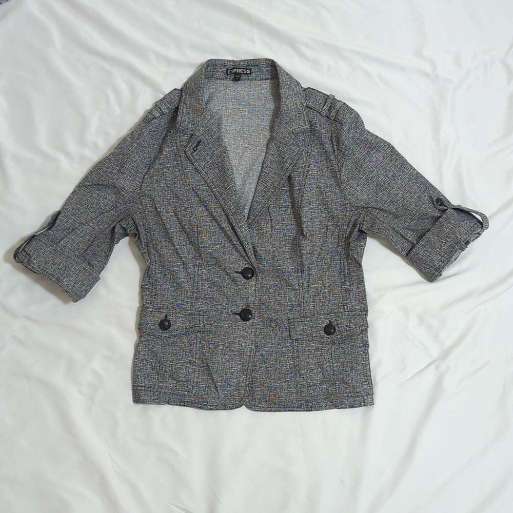 Express 3/4 Sleeve Tweed Look Cotton Blazer, Color Light Gray Size 12